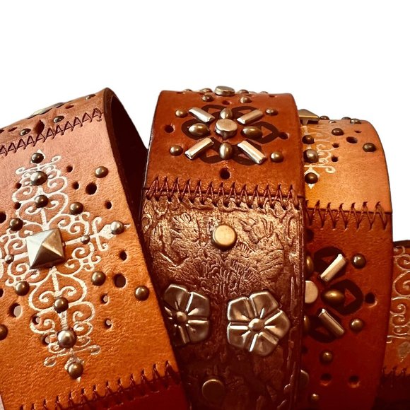 Fossil Western Brown Leather Mixed Media Studded Unisex Belt Size Large main image 9